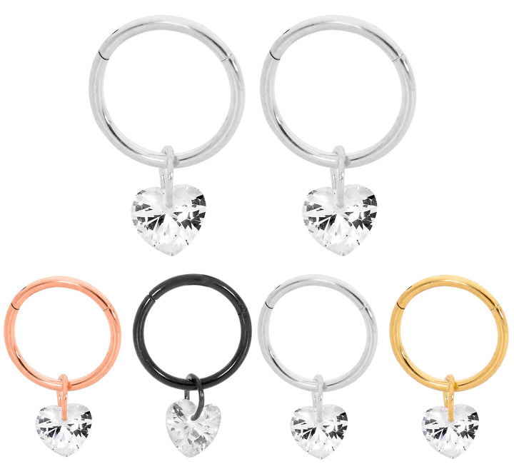 1 Pair 16G Stainless Steel Drop Gem Heart Hinged Hoop Segment Rings Sleeper Earrings