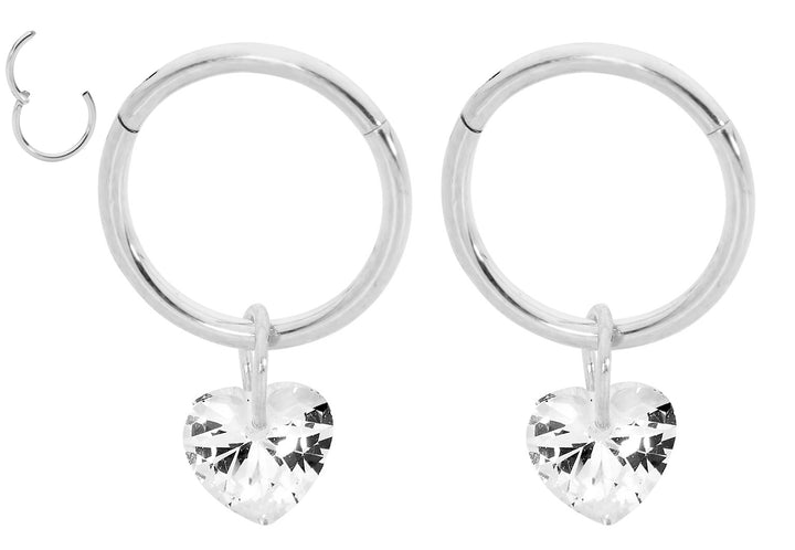 1 Pair 16G Stainless Steel Drop Gem Heart Hinged Hoop Segment Rings Sleeper Earrings