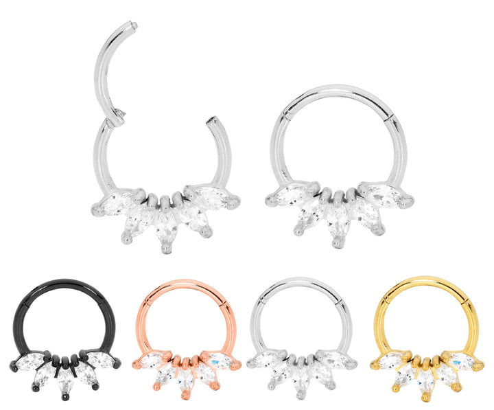 1 par de aretes tipo aro con segmento de bisagra y gema marquesa de acero inoxidable de 16 g.