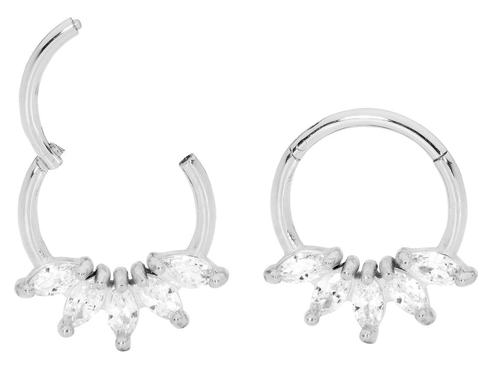 1 par de aretes tipo aro con segmento de bisagra y gema marquesa de acero inoxidable de 16 g.