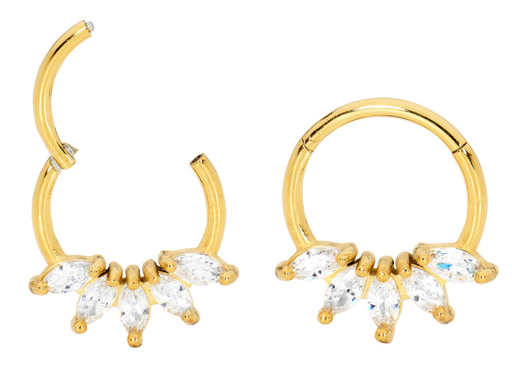 1 par de aretes tipo aro con segmento de bisagra y gema marquesa de acero inoxidable de 16 g.