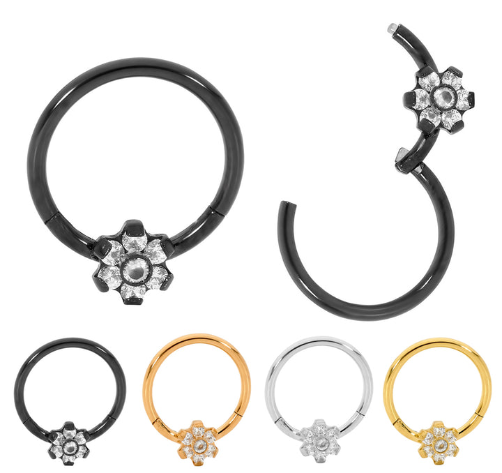 1 Pair 16G Stainless Steel Gem Flower Hinged Hoop Segment Rings Sleeper Earrings