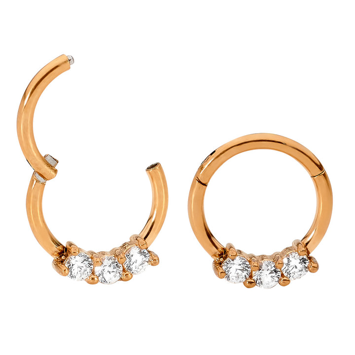 1 Pair 16G Stainless Steel 3 Gem Hinged Hoop Segment Rings Sleeper Earrings