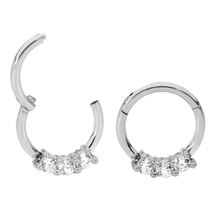 1 Pair 16G Stainless Steel 3 Gem Hinged Hoop Segment Rings Sleeper Earrings