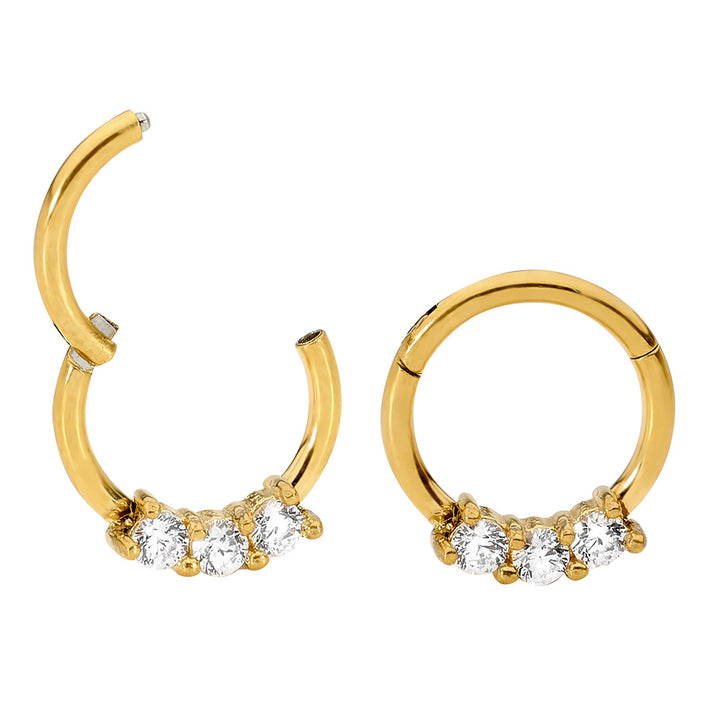 1 Pair 16G Stainless Steel 3 Gem Hinged Hoop Segment Rings Sleeper Earrings