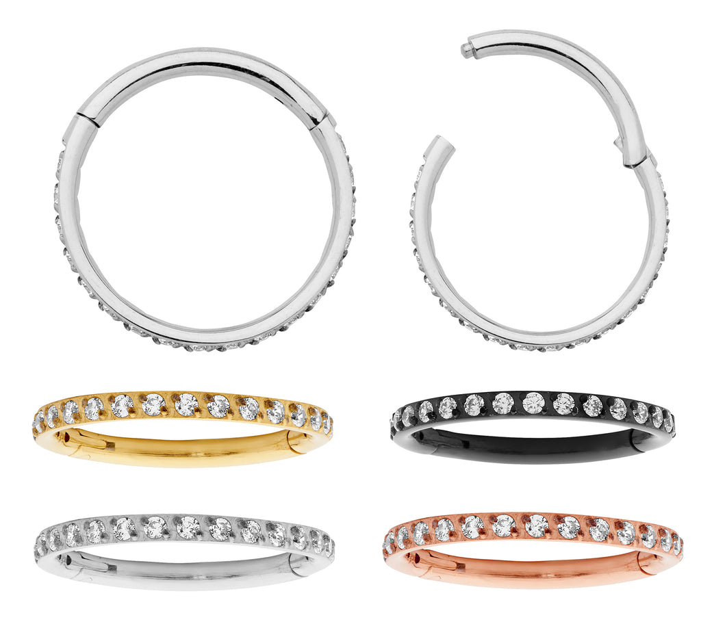 1 Pair 16G Titanium Pave Gem Set Hinged Hoop Segment Rings Sleeper Earrings