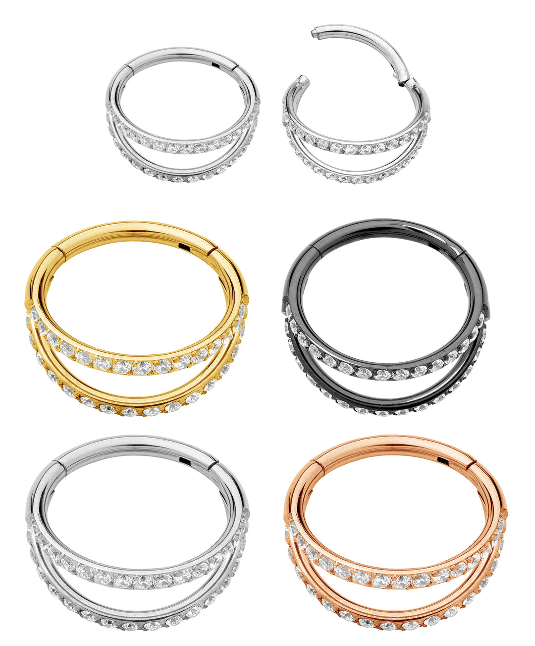 Pair 16G Titanium 8mm 12mm Double Gem Hinged Hoop Segment