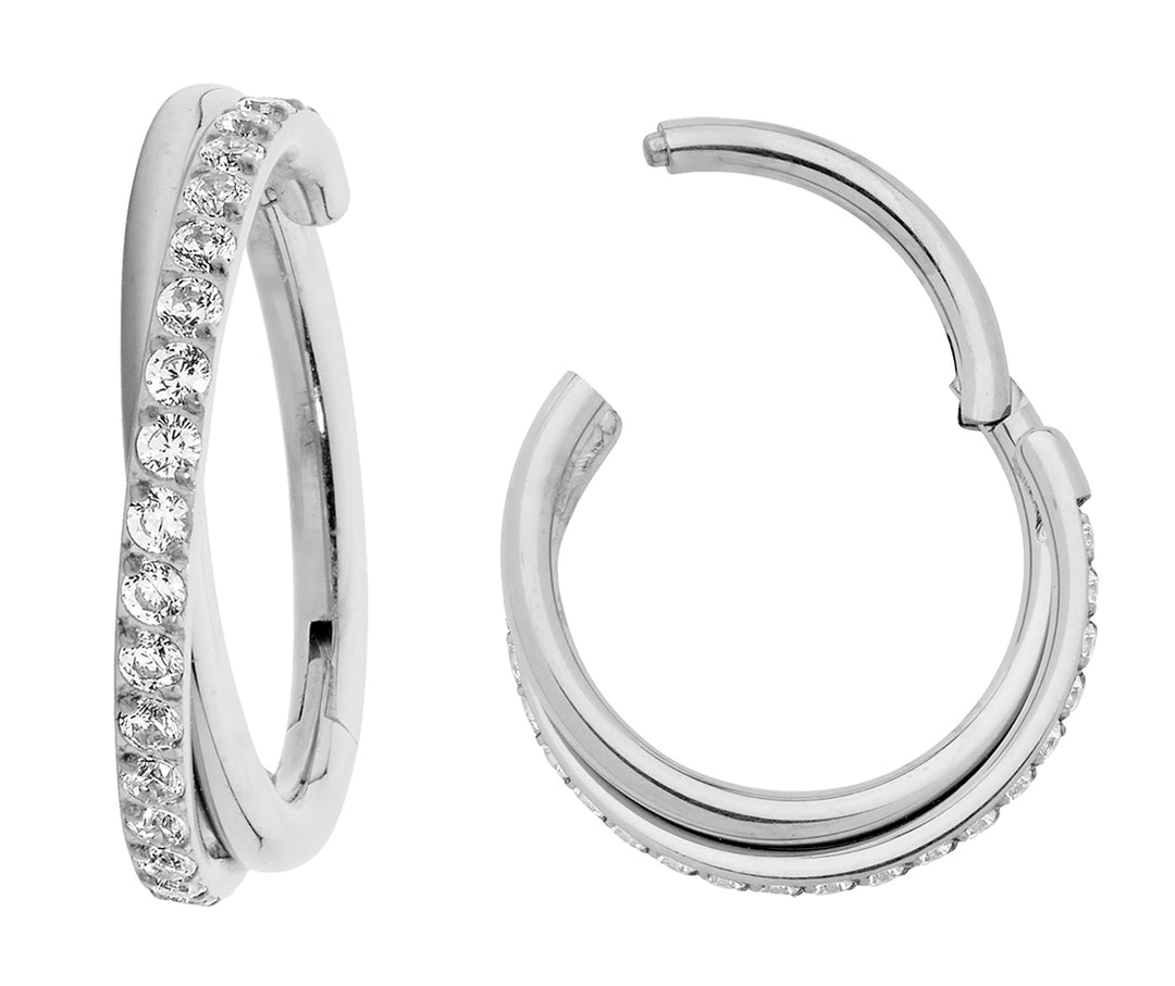 2 Pieces G23 Titanium 16G Double Twist Gem Hinged Hoop Segment Rings Sleeper Earrings 8mm - 10mm