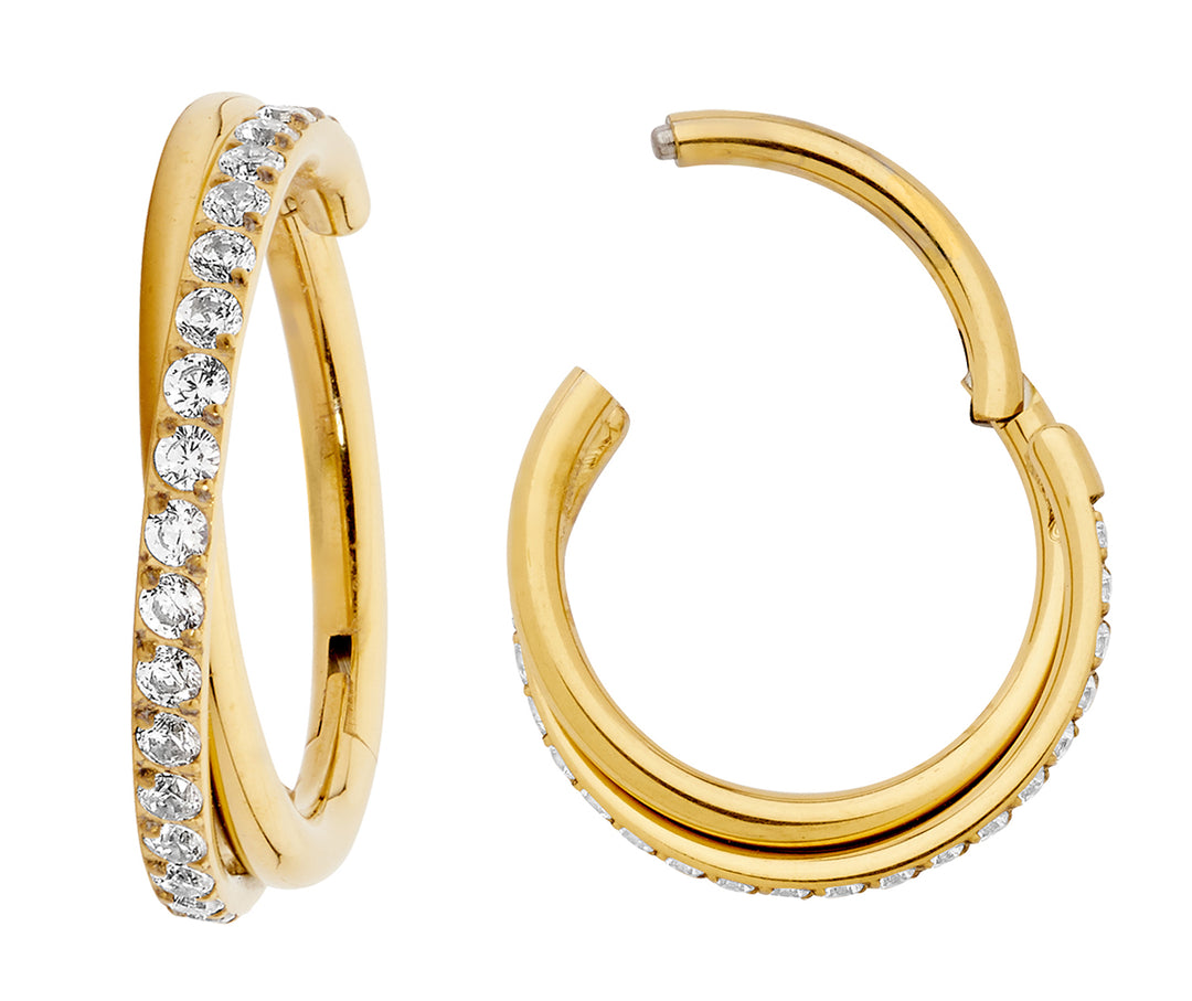 2 Pieces G23 Titanium 16G Double Twist Gem Hinged Hoop Segment Rings Sleeper Earrings 8mm - 10mm