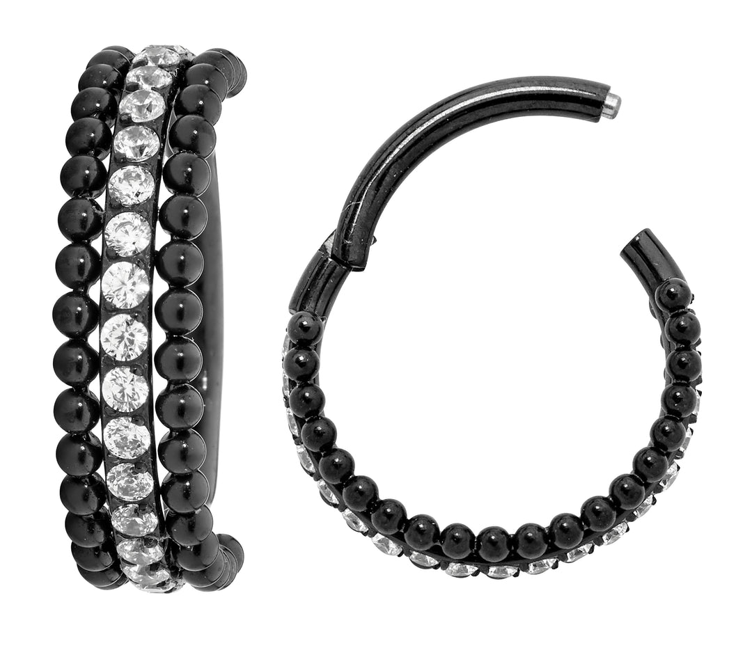 1 par de aretes tipo aro con bisagras de titanio de 16 g con triple fila de gemas, de 8 mm y 10 mm.