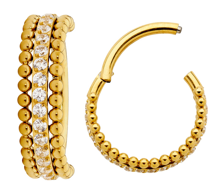 1 par de aretes tipo aro con bisagras de titanio de 16 g con triple fila de gemas, de 8 mm y 10 mm.