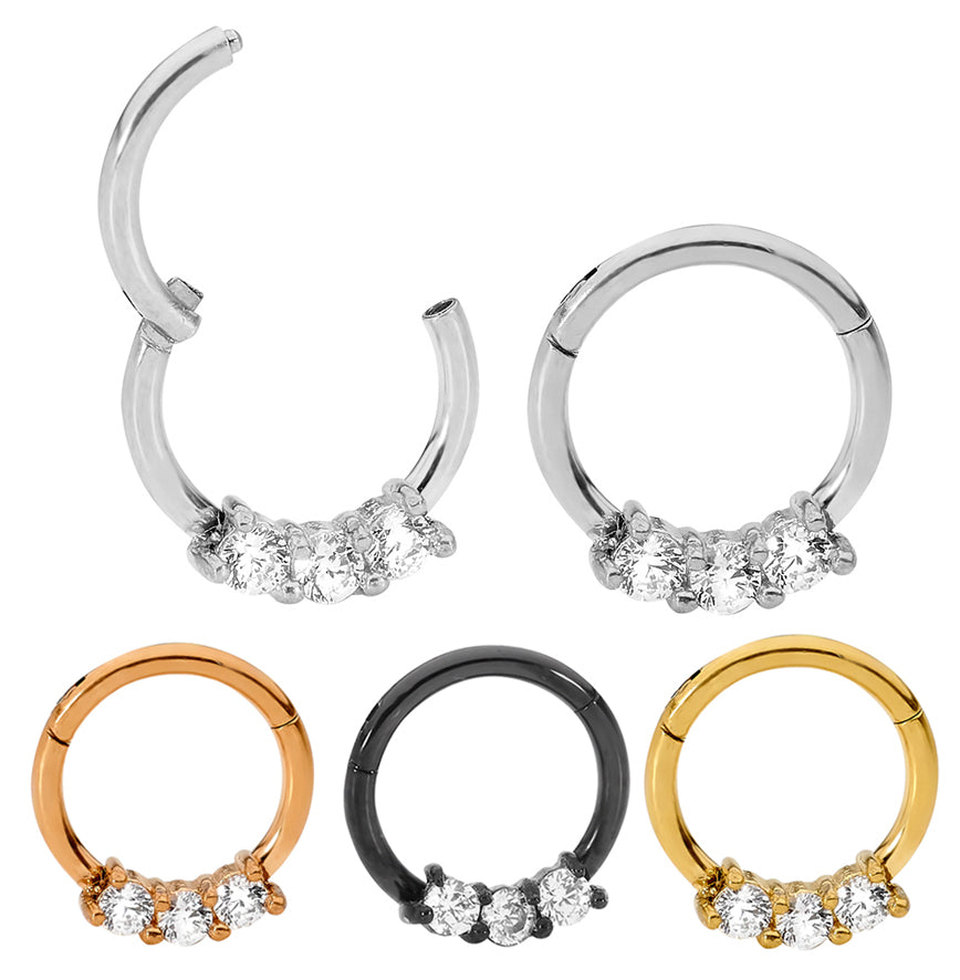 1 Pair 16G Stainless Steel 3 Gem Hinged Hoop Segment Rings Sleeper Earrings