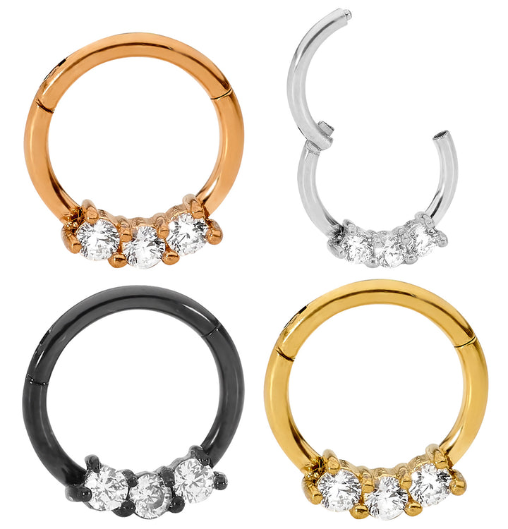 1 Piece 16G Stainless Steel 3 Gem Hinged Hoop Segment Ring Piercing Earring