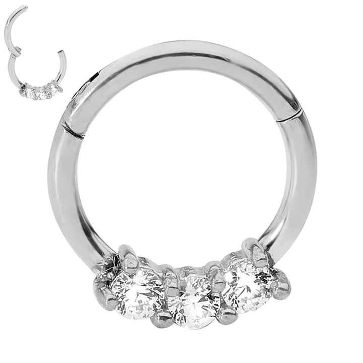 1 par de aretes tipo aro con bisagras de acero inoxidable de 16 g y 3 gemas.