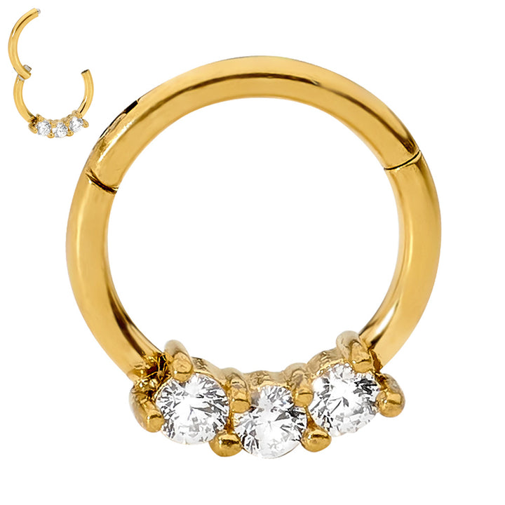 1 par de aretes tipo aro con bisagras de acero inoxidable de 16 g y 3 gemas.