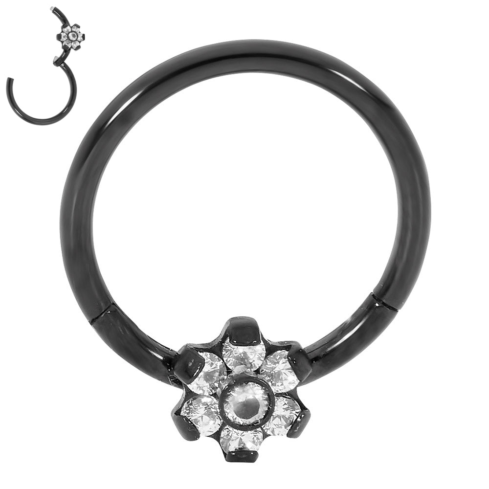1 par de aros con segmentos de bisagra de acero inoxidable de 16 g con gemas y flores.