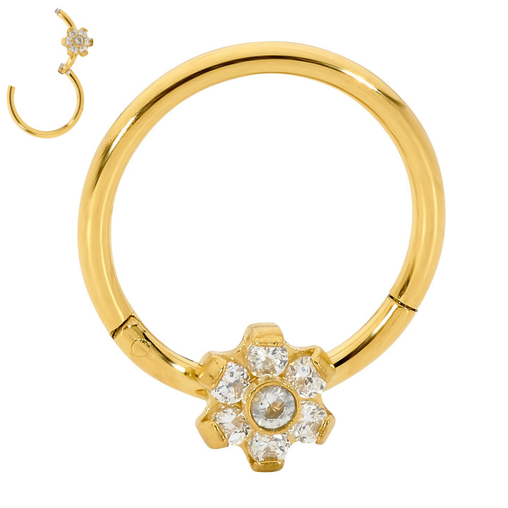 1 par de aros con segmentos de bisagra de acero inoxidable de 16 g con gemas y flores.