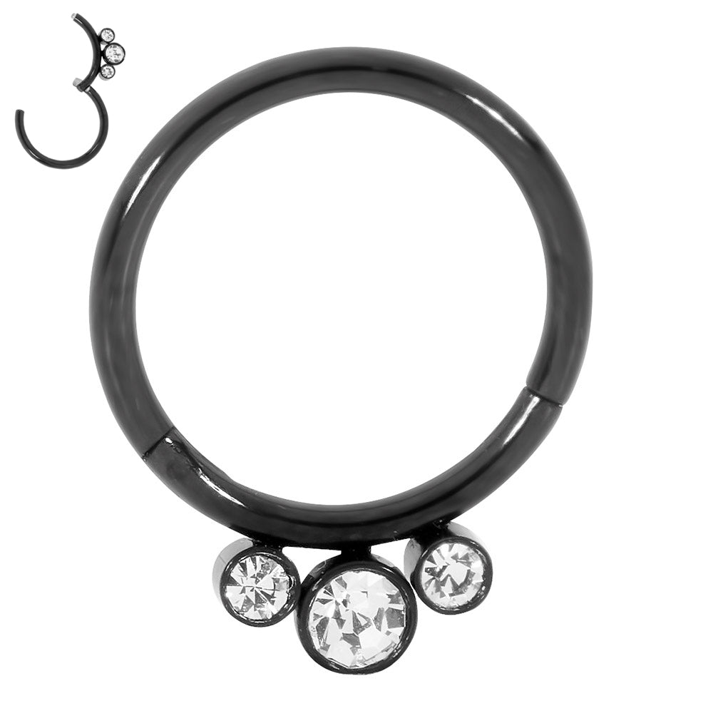 1 par de aretes tipo aro con bisagras de acero inoxidable de 16 g y 3 gemas.