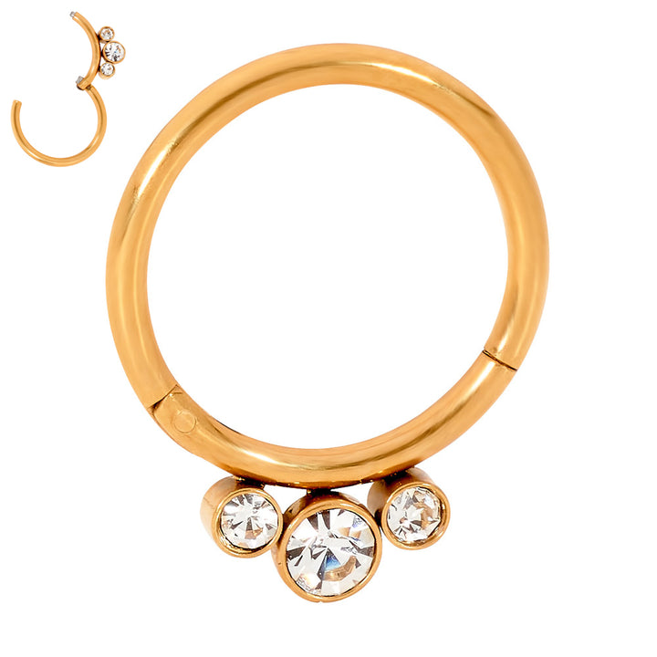 1 par de aretes tipo aro con bisagras de acero inoxidable de 16 g y 3 gemas.