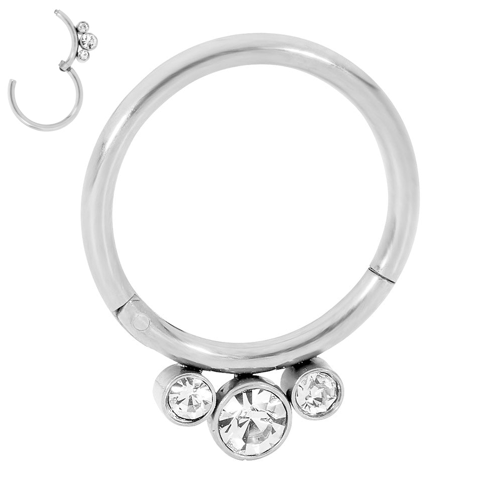 1 par de aretes tipo aro con bisagras de acero inoxidable de 16 g y 3 gemas.