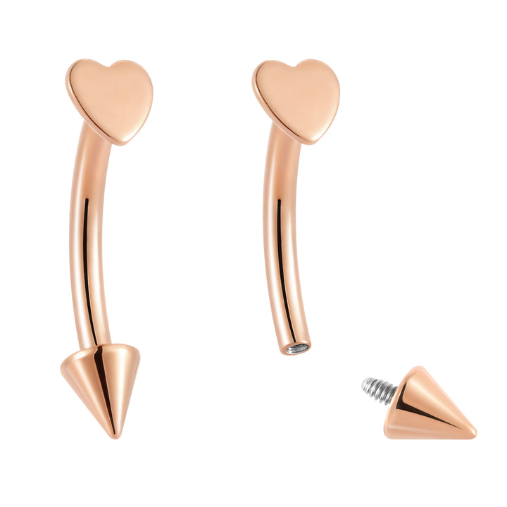 G23 Titanium Internally Threaded Heart & Spike Curved Barbells | Body Jewellery | 1 Pair