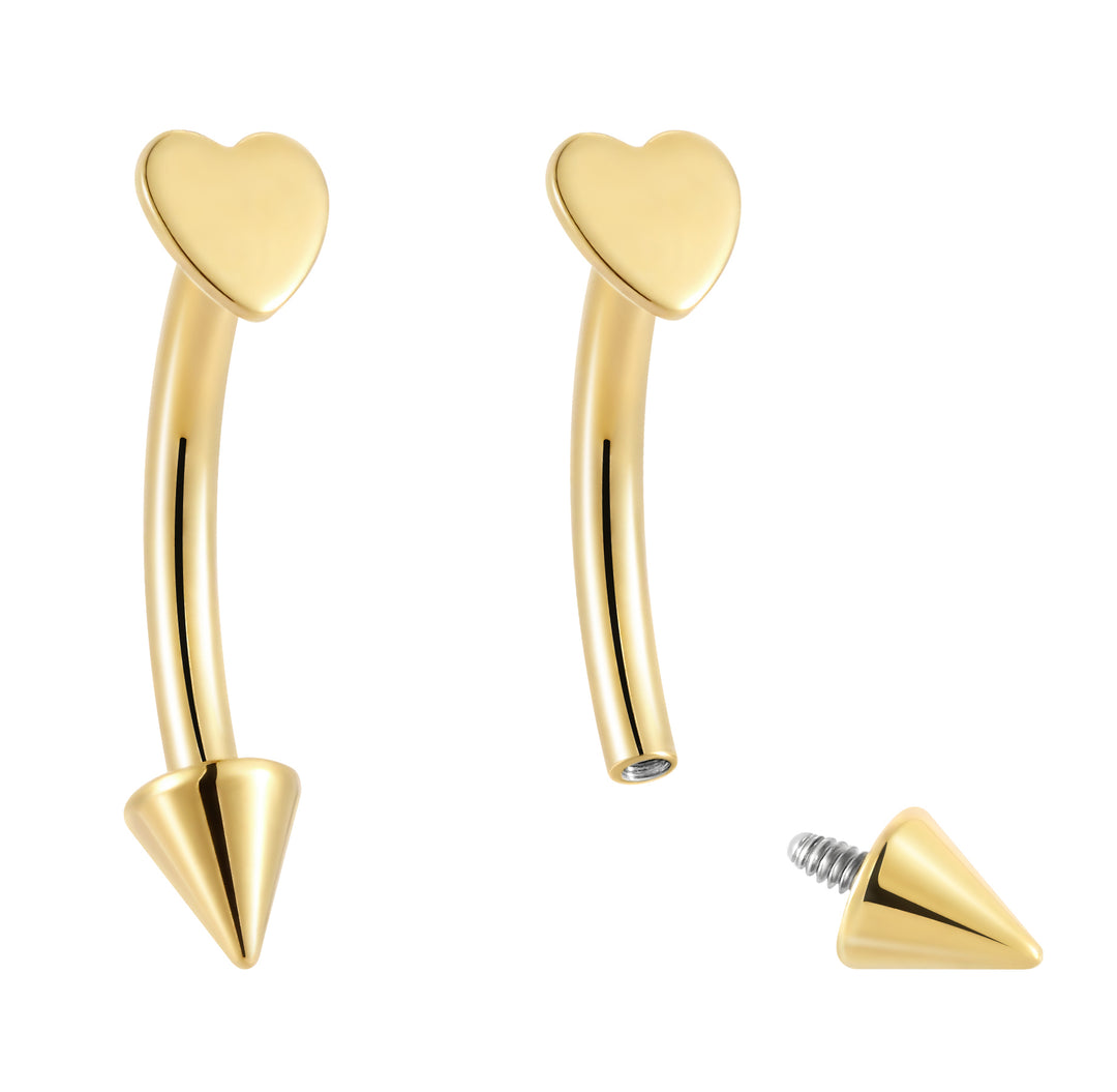 G23 Titanium Internally Threaded Heart & Spike Curved Barbells | Body Jewellery | 1 Pair