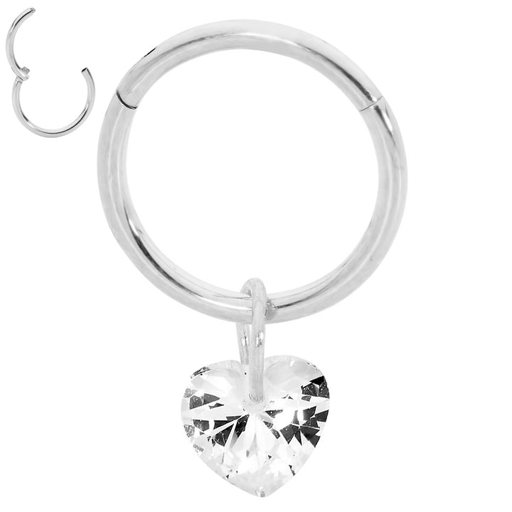 2 Pieces Surgical Steel 16G Drop Gem Heart Hinged Hoop Segment Rings Sleeper Earrings 8mm - 10mm