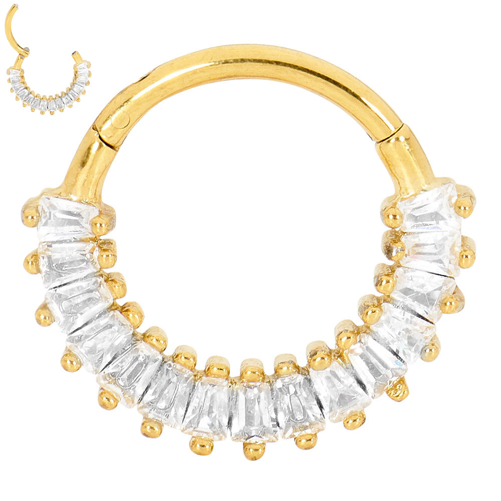 2 Pieces Surgcial Steel 16G Baguette Gem Hinged Hoop Segment Rings Sleeper Earrings 8mm - 10mm