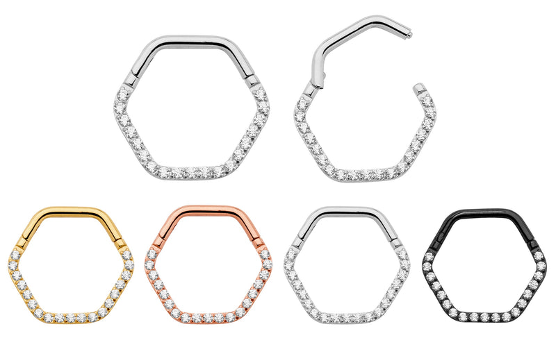 1 Pair 16G Titanium Hexagonal Gem Hinged Hoop Segment Rings Sleeper Earrings