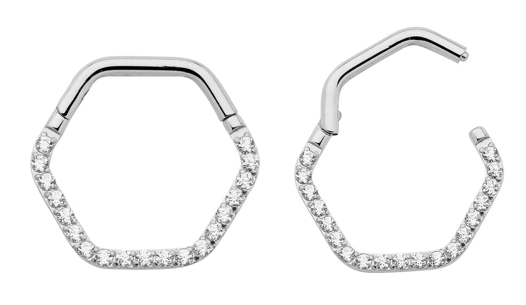 1 Pair 16G Titanium Hexagonal Gem Hinged Hoop Segment Rings Sleeper Earrings