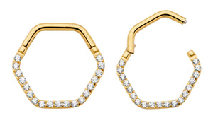 1 Pair 16G Titanium Hexagonal Gem Hinged Hoop Segment Rings Sleeper Earrings