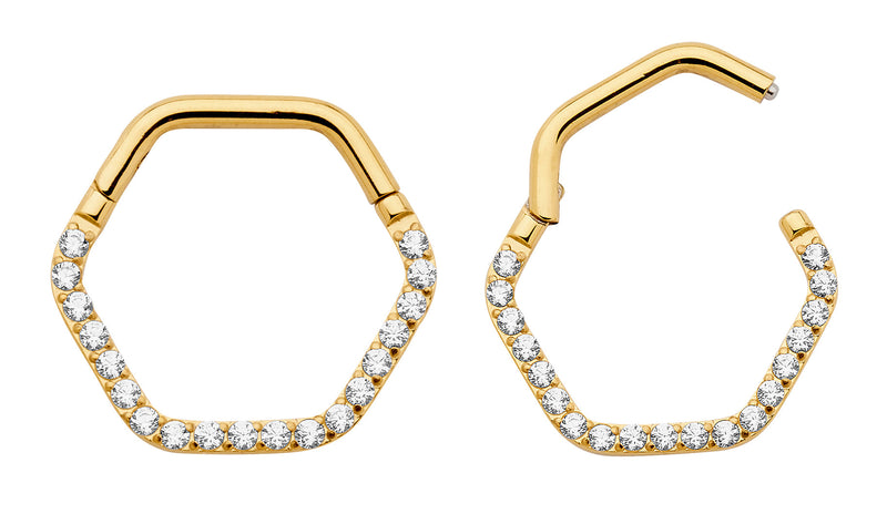 1 Pair 16G Titanium Hexagonal Gem Hinged Hoop Segment Rings Sleeper Earrings