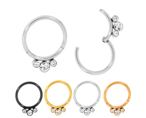 1 Pair 16G Stainless Steel 3 Gem Hinged Hoop Segment Rings Sleeper Earrings