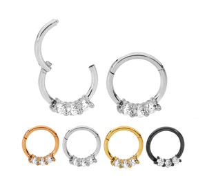 1 Pair 16G Stainless Steel 3 Gem Hinged Hoop Segment Rings Sleeper Earrings