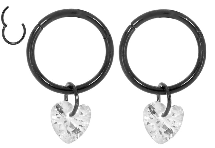 1 Pair 16G Stainless Steel Drop Gem Heart Hinged Hoop Segment Rings Sleeper Earrings