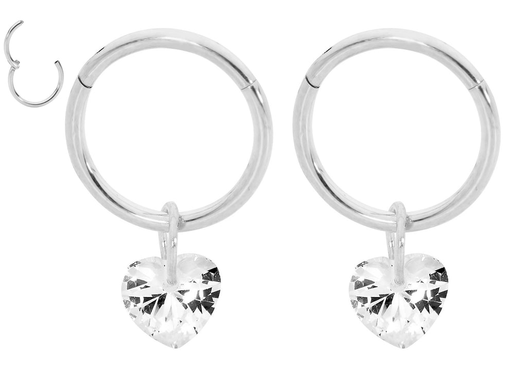 1 Pair 16G Stainless Steel Drop Gem Heart Hinged Hoop Segment Rings Sleeper Earrings