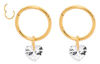1 Pair 16G Stainless Steel Drop Gem Heart Hinged Hoop Segment Rings Sleeper Earrings