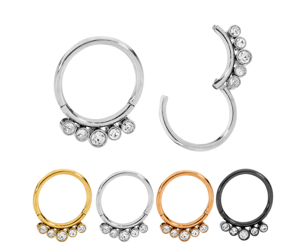 1 Pair 16G Stainless Steel 5 Gem Hinged Hoop Segment Rings Sleeper Earrings