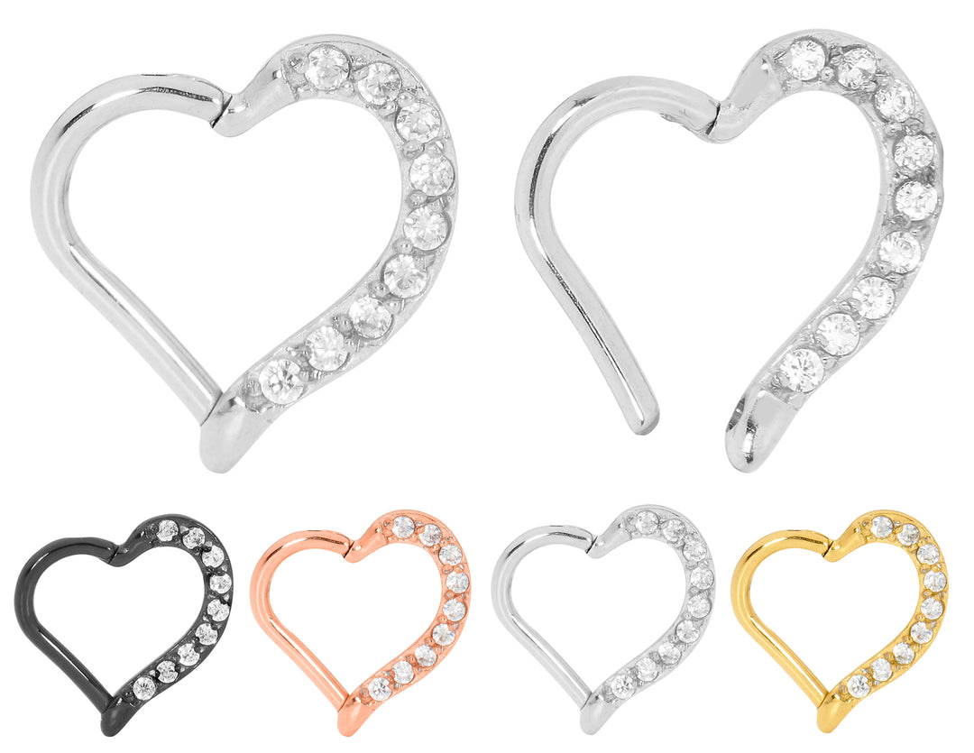 1 Pair 16G Stainless Steel Gem Love Heart Hinged Hoop Segment Rings Sleeper Earrings