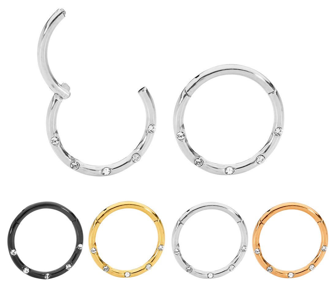 Pair 16G Stainless Steel Gem Hinged Hoop Segment Rings Sleeper
