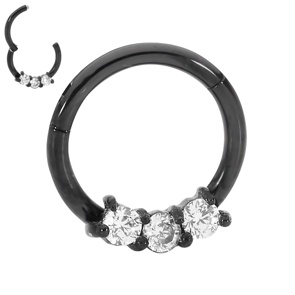 1 Piece 16G Stainless Steel 3 Gem Hinged Hoop Segment Ring Piercing Earring