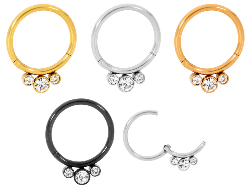 1 Piece 16G Stainless Steel 3 Gem Hinged Hoop Segment Ring Piercing Earring