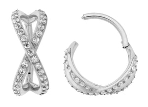 1 Piece 16G Stainless Steel Double Crossover Gem Hinged Hoop Segment Ring Piercing Earring