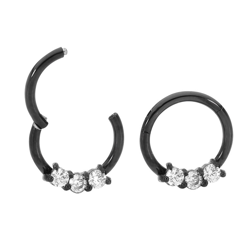 1 Pair 16G Stainless Steel 3 Gem Hinged Hoop Segment Rings Sleeper Earrings